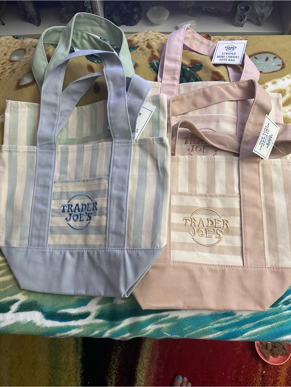 Trader Joe’s Striped Canvas Tote Bag - Pastel Pink, Green, Beige & Light Blue